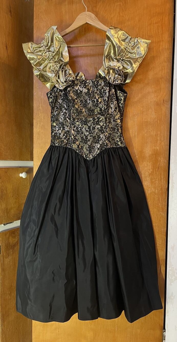 VINTAGE 80s 90s Gunne Sax Corset Prom Dress Gold Lame Black Lace Party Sz 5/6